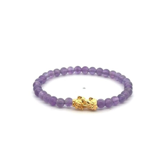 RAFANTHIA Jewelry - 18K Gold Pixiu Piyao Bracelet Gemstone Mini Beads Amethyst 4mm February Birthsto